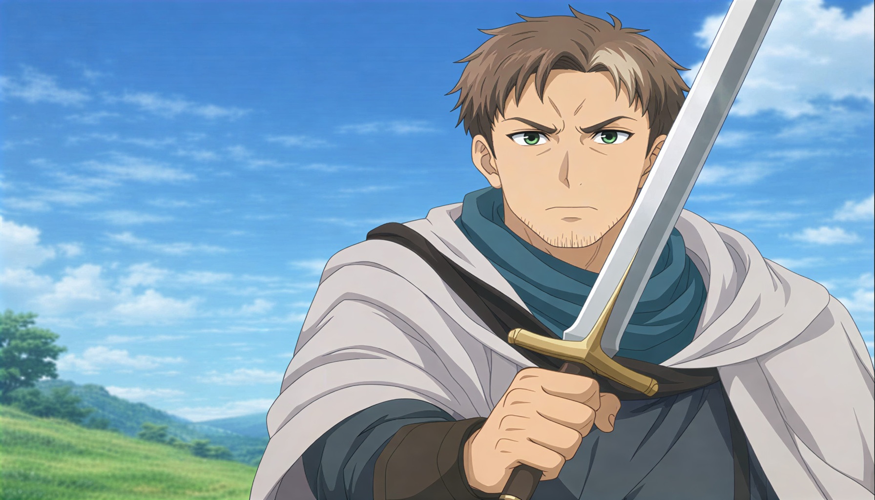 剣を構えるベリルの姿を描いた、アニメ『片田舎のおっさん、剣聖になる』最終話考察用イメージ