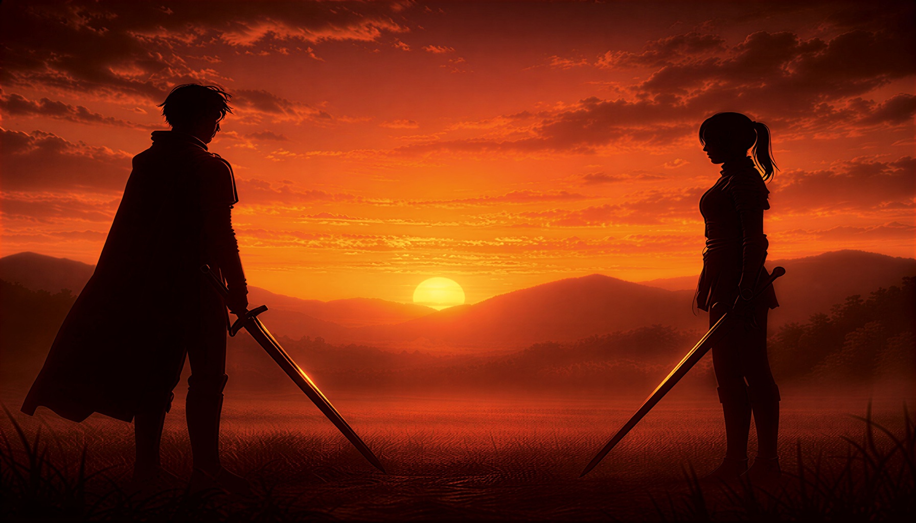 夕焼けの平原で、距離を置いて向き合う二人の剣士のシルエット