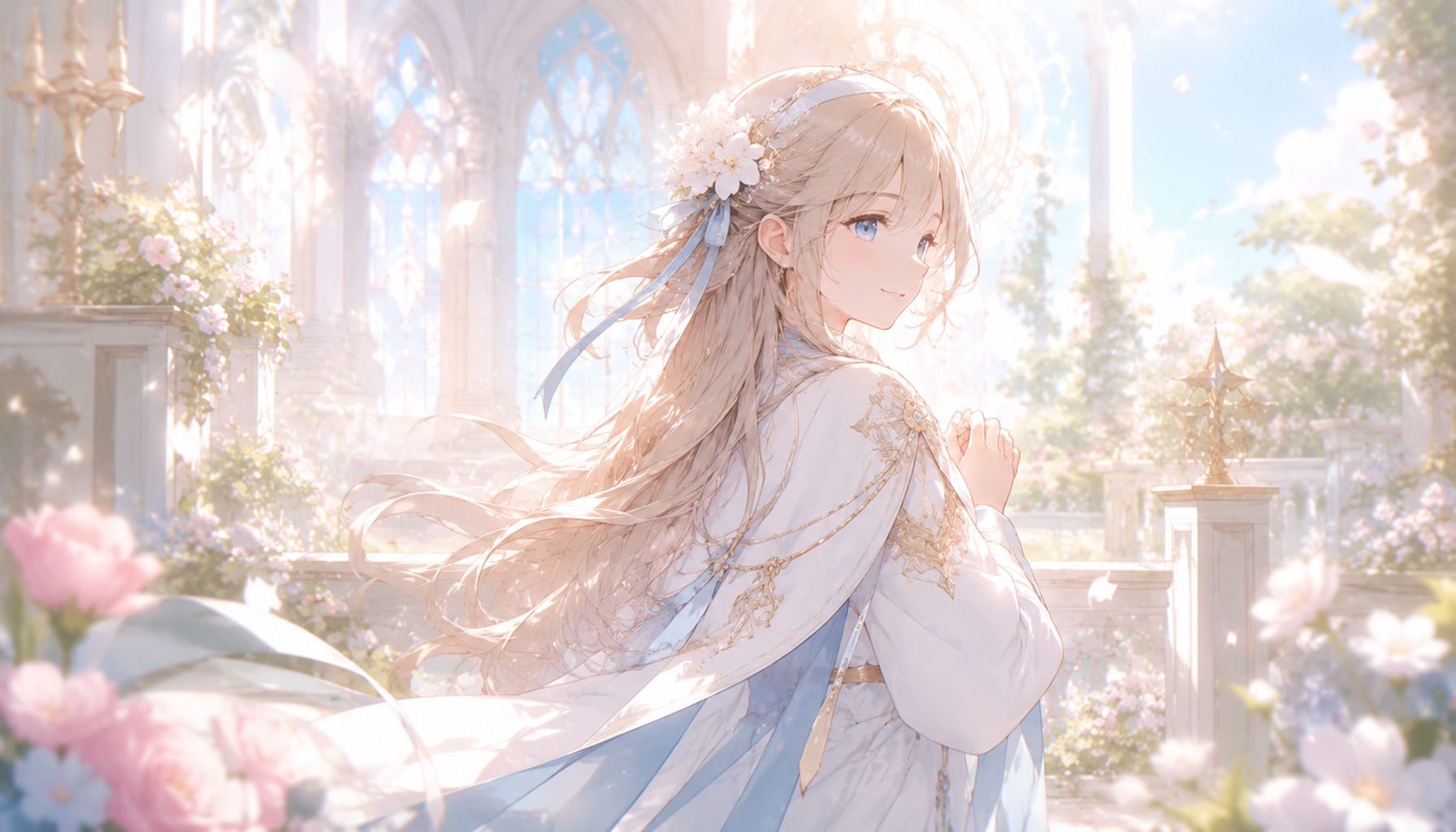 明るい礼拝堂の庭園で振り返る若い聖女風の少女を描いた、やさしく華やかなファンタジー風イメージ画像
