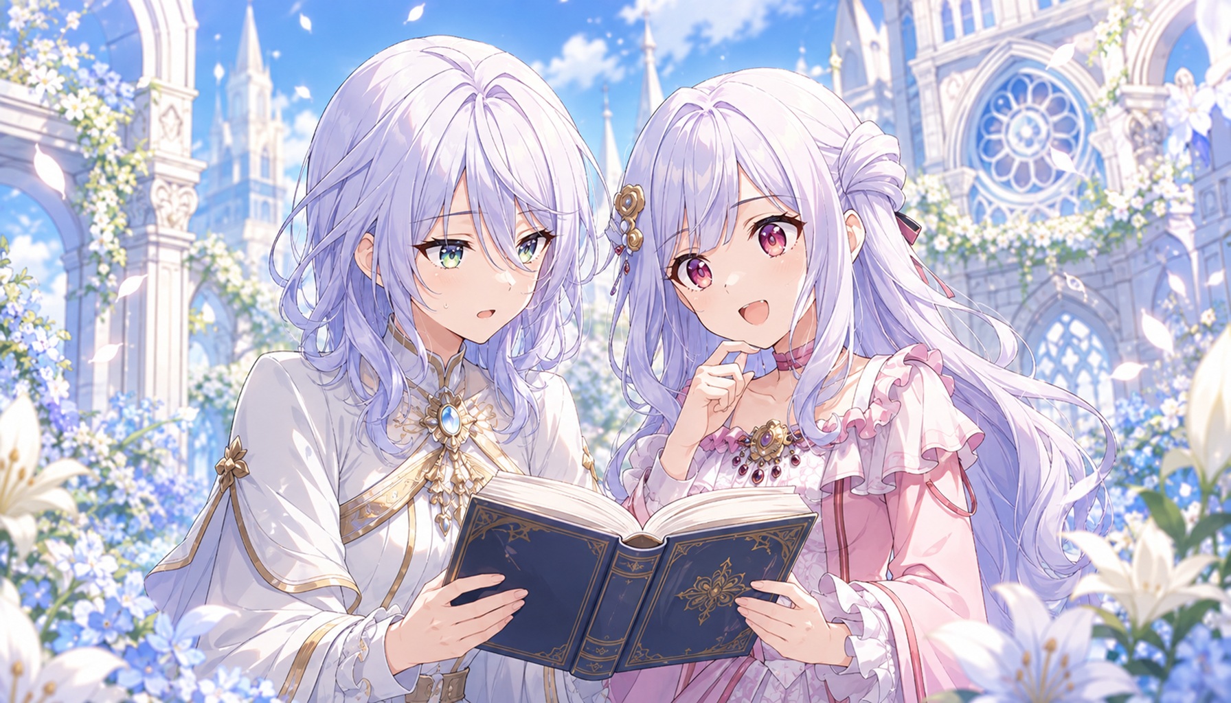 白と淡い青の聖堂庭園で、銀白色の髪の姉妹が一冊の本を一緒に読むアニメ風イメージ画像