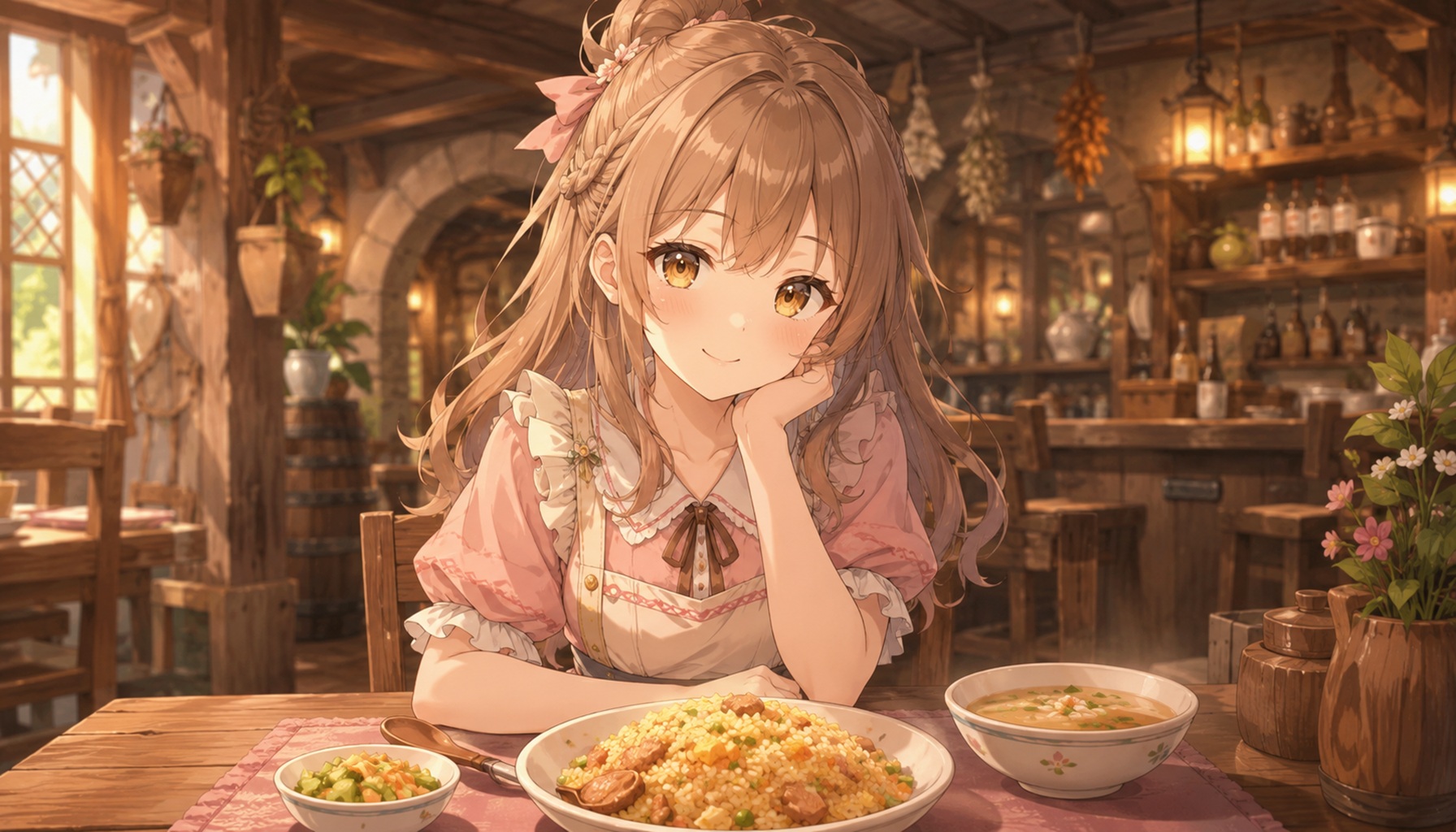 温かな木造の食堂で炒飯を前に微笑む看板娘風の少女