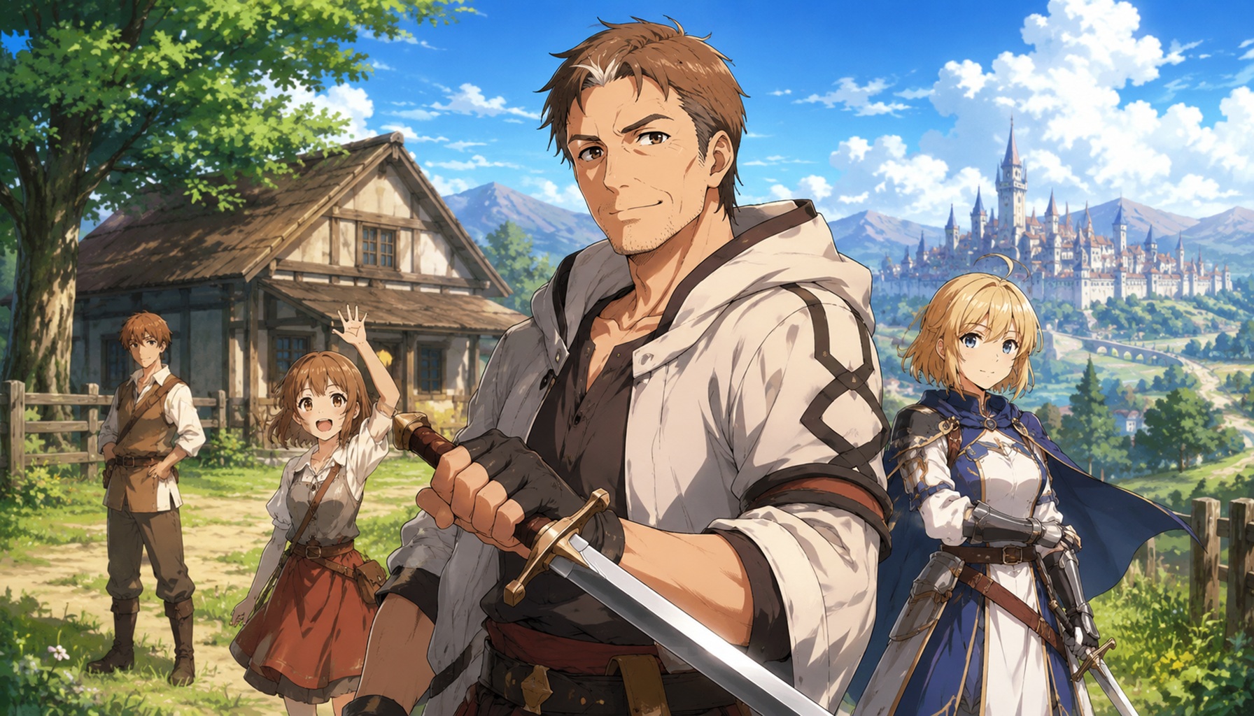 片田舎の家と王都を背景に、中央で剣を持つ中年男性と仲間たちを描いたアニメ風イラスト