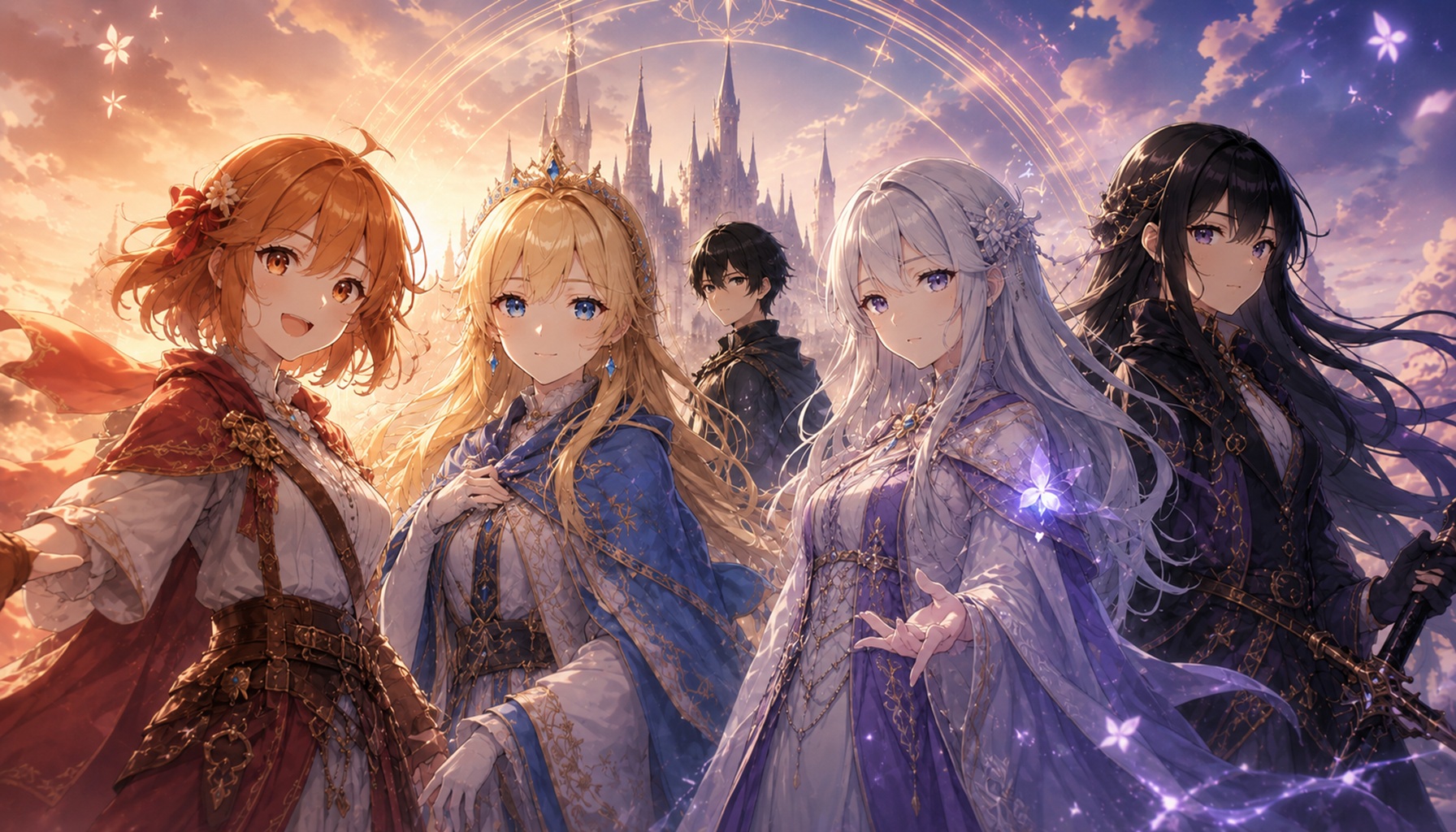 幻想的な王城を背景に、黒髪の剣士と4人の女性を描いたアニメ風ファンタジーイラスト