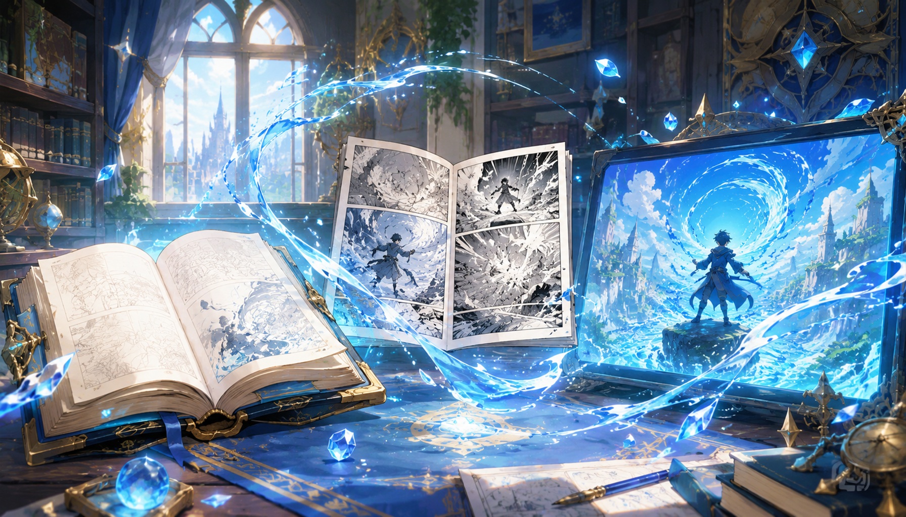 幻想的な書斎で、小説・漫画・アニメの画面を青い水魔法の光がつなぐファンタジー風イラスト
