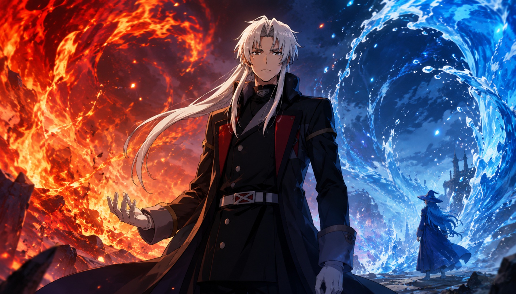 白髪の青年を中心に、赤い爆炎と青い水魔法が対峙する異世界ファンタジー風タイトル画像