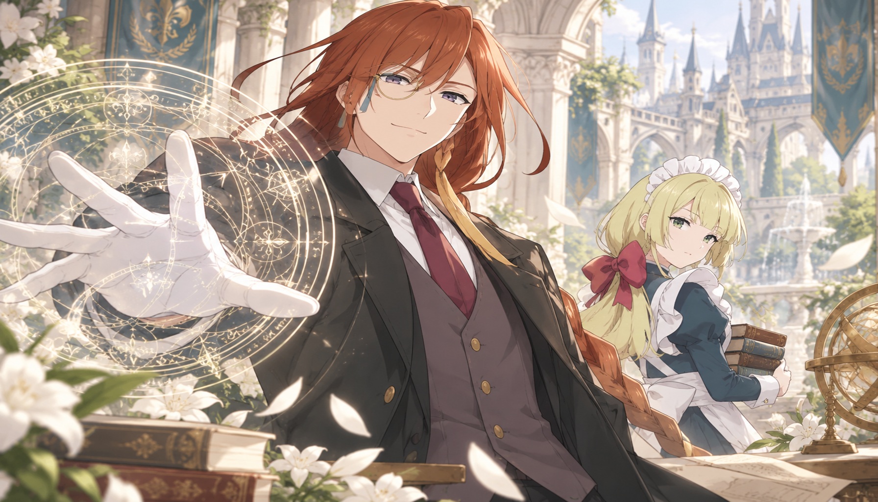 ルイス・ミラーが結界魔術を展開し、後方にリンが立つ魔法学園風のアニメイラスト