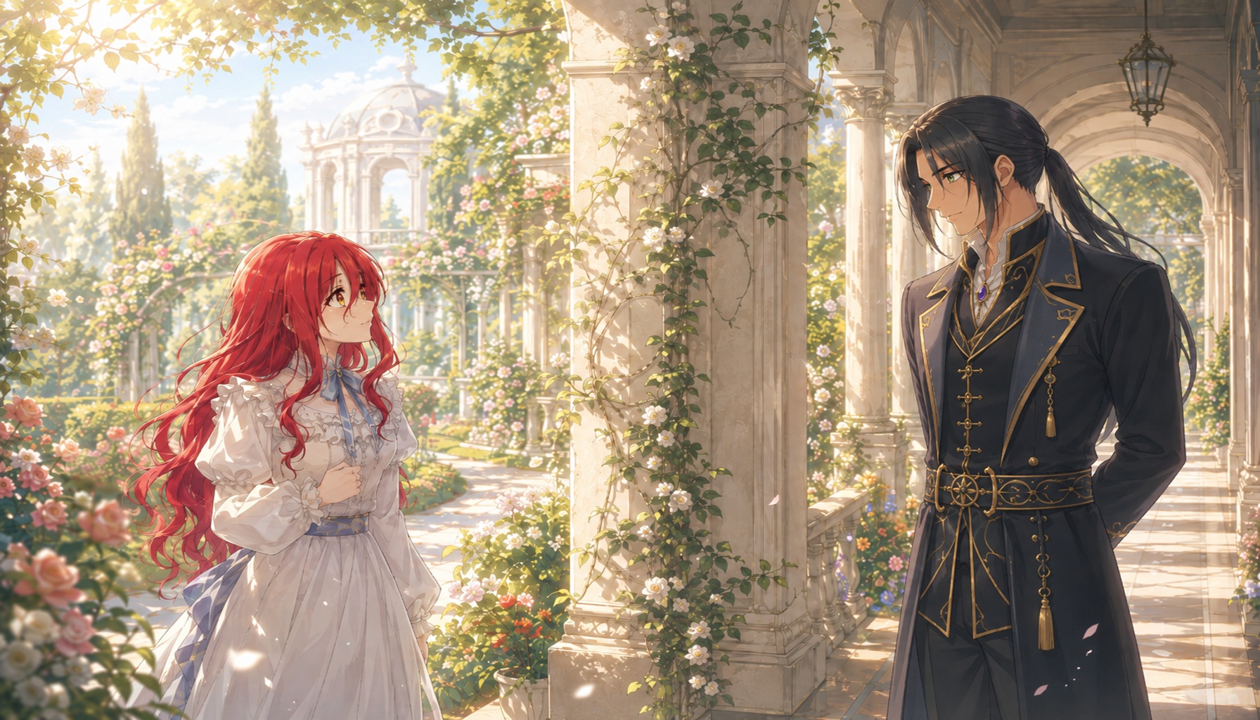 赤毛の令嬢マリーと黒髪の青年キュロスが、花の咲く庭園で少し距離を置いて向き合うアニメ風イラスト
