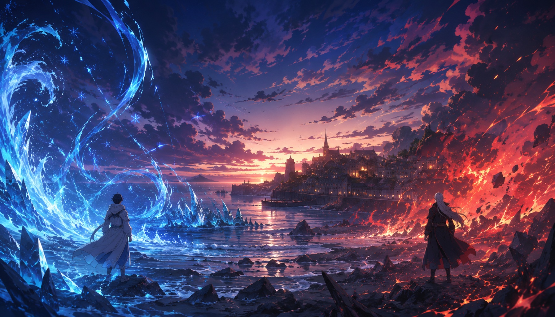 黄昏の海岸で青い水魔法と赤い爆炎を対峙させる二人の魔法使いのアニメ風イラスト