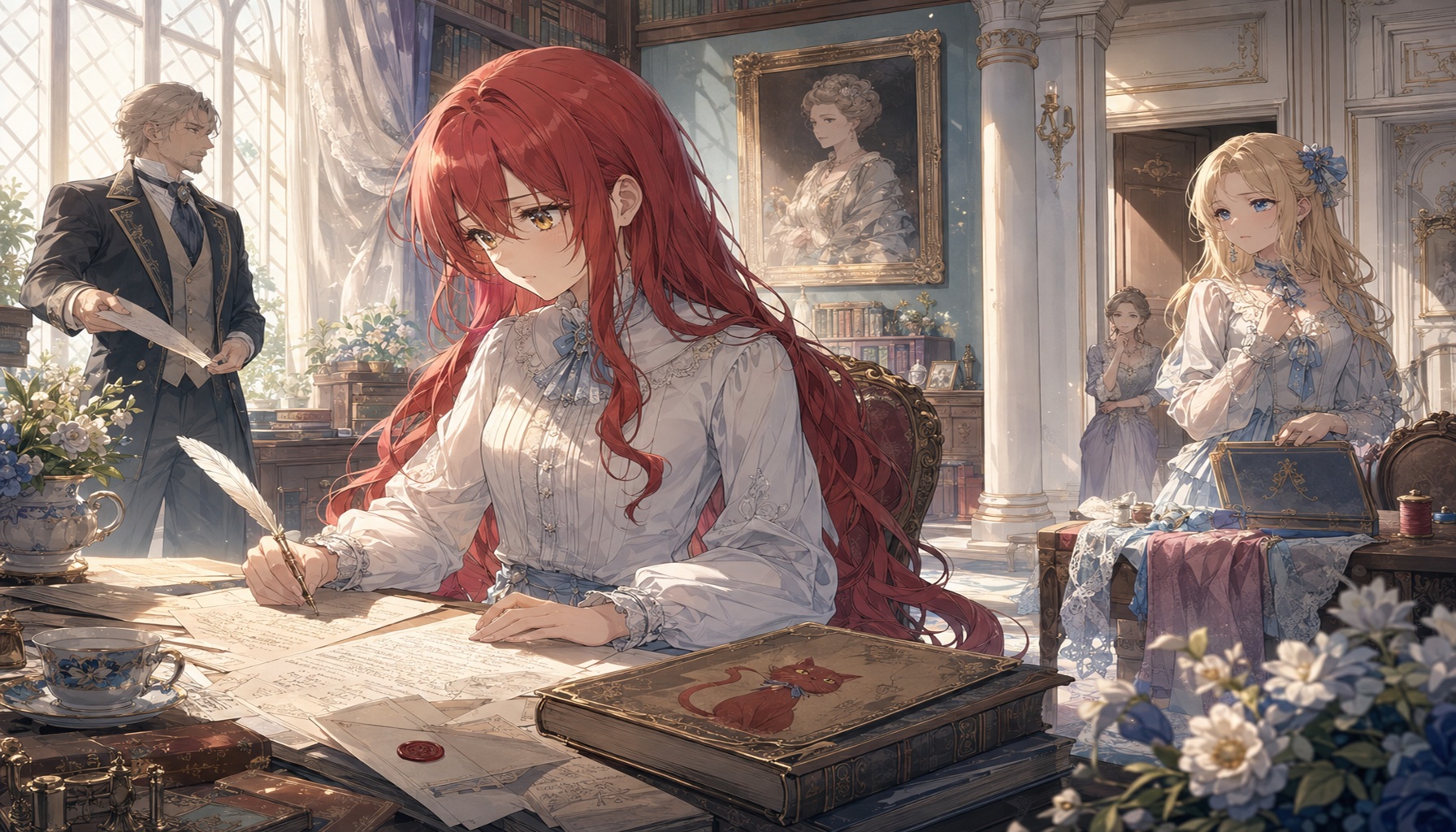 赤毛の令嬢マリーが書類に向き合い、金髪の姉アナスタジアや家族が見守る貴族邸のアニメ風イラスト