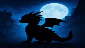 満月を背にした小さな竜のシルエットと青い夜の街並みのイメージ