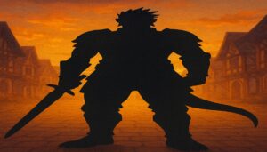 戦士のシルエットと夕暮れの街並みを重ねた幻想的なイメージ