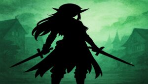 双剣を構えるエルフ戦士のシルエットと緑の街並みのイメージ
