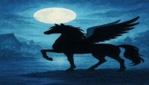 満月の下に立つ翼を持つ神獣のシルエットイメージ