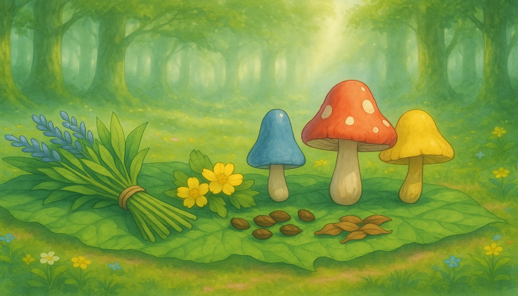 異世界の森で葉の上に並ぶ薬草や赤・青・黄のキノコ。柔らかな光が差し込む素材採取のイメージ背景