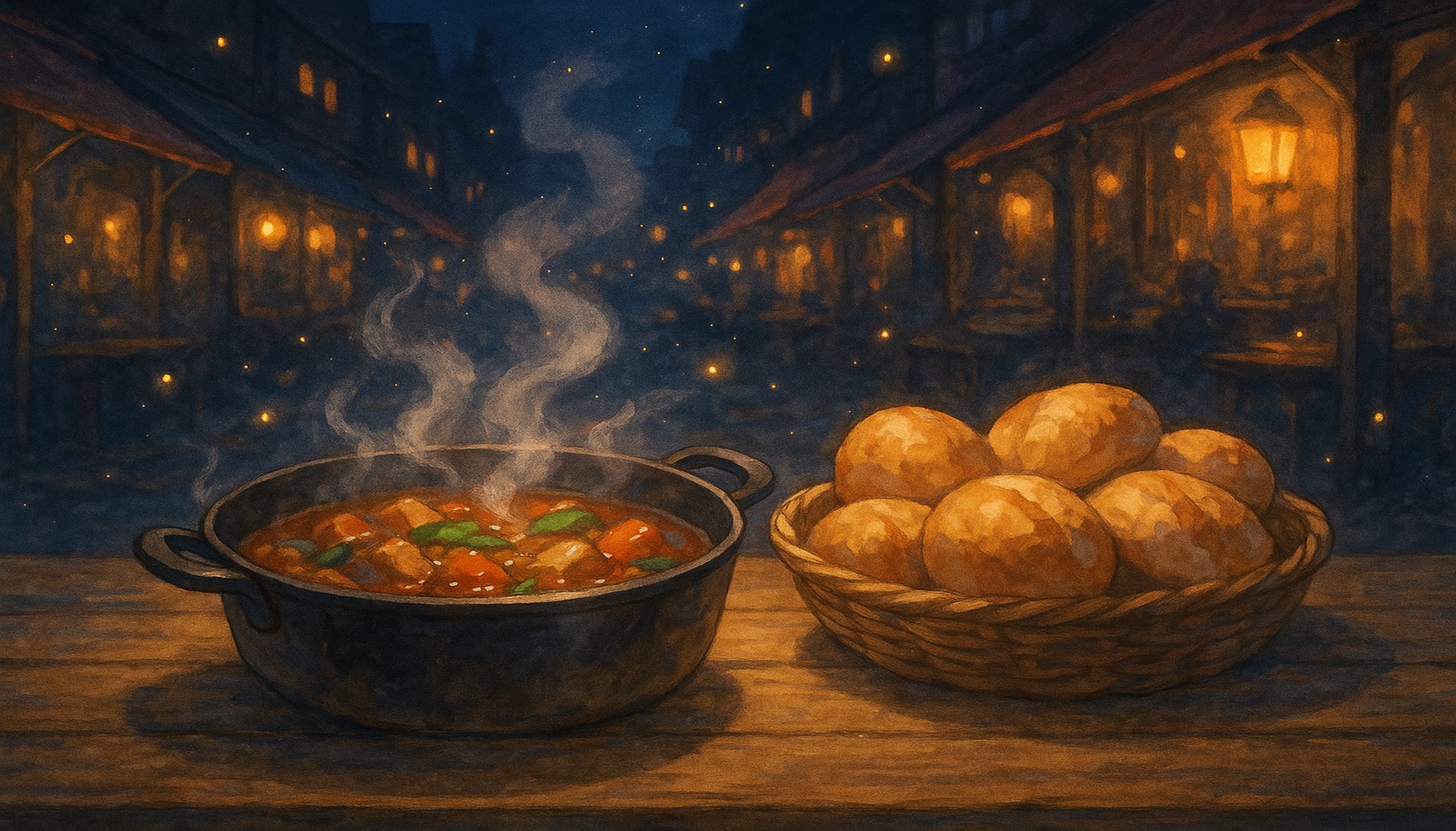 TVアニメ『とんでもスキルで異世界放浪メシ２』の屋台通りシーン。湯気の立つ鍋料理と木皿に盛られたパンが並ぶ、幻想的な夜の異世界市場。