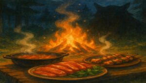 TVアニメ『とんでもスキルで異世界放浪メシ2』のキャンプ料理シーン。森の焚き火の前で鉄鍋や串焼き、生肉と香草が並び、湯気と光の中に守護獣を想起させる影が揺れる幻想的な構図。