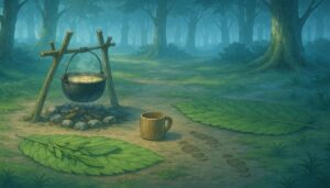 朝の森のキャンプ跡。鍋と木のカップ、大きな葉と足跡だけが残り、仲間がさっきまでいた雰囲気が漂う情景。