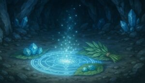 洞窟の中で青い魔法陣が光り、鉱石や薬草が反応して光粒子が舞う幻想的なシーン。