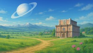 異世界の草原と山々、ギルドハウス、空に浮かぶ土星のような天体が描かれた風景。