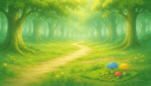 光が差し込む異世界の森の入口の風景