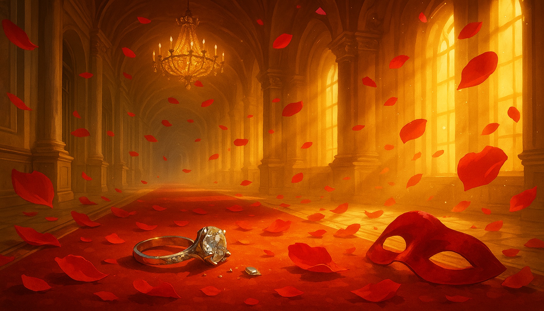 王宮の回廊に差し込む金色の光。砕けた婚約指輪と赤い仮面、舞い散る薔薇の花びらが散りばめられた情景。