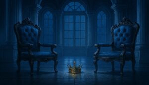 王宮の玉座の間。向かい合う二つの椅子の間に金の王冠が置かれている。