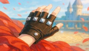 魔法陣の前で風に揺れる赤いマントと黒いグローブの手。