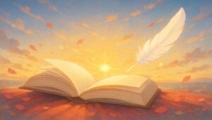 朝日を浴びる開かれた本と白い羽根が輝くシーン。