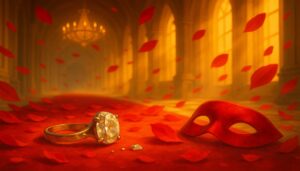 婚約破棄の象徴となる指輪と赤いバラの花びらが舞う王宮の回廊。