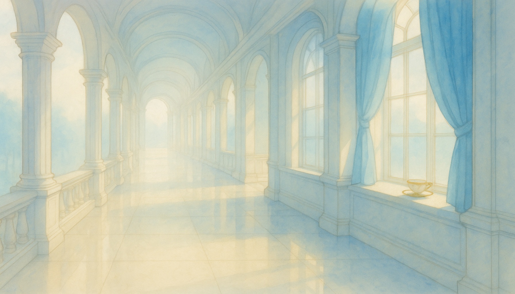朝靄の差し込む宮殿の回廊。静けさの中に光が差し、孤独と希望が同居する情景