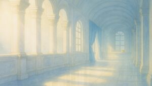 朝靄の差し込む宮殿の回廊。静けさの中に光が差し、孤独と希望が同居する情景。