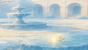 凍った噴水に朝日が差し込む宮殿の中庭。冷たさの奥に希望が灯る情景。