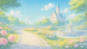 春の光が満ちる宮殿の庭園。花びらが舞い、希望が広がる静かな情景。