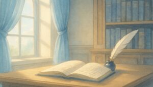 窓から差す朝の光に照らされた書斎の机。開いた本と羽ペン――記憶と選択が動き出す前触れ。