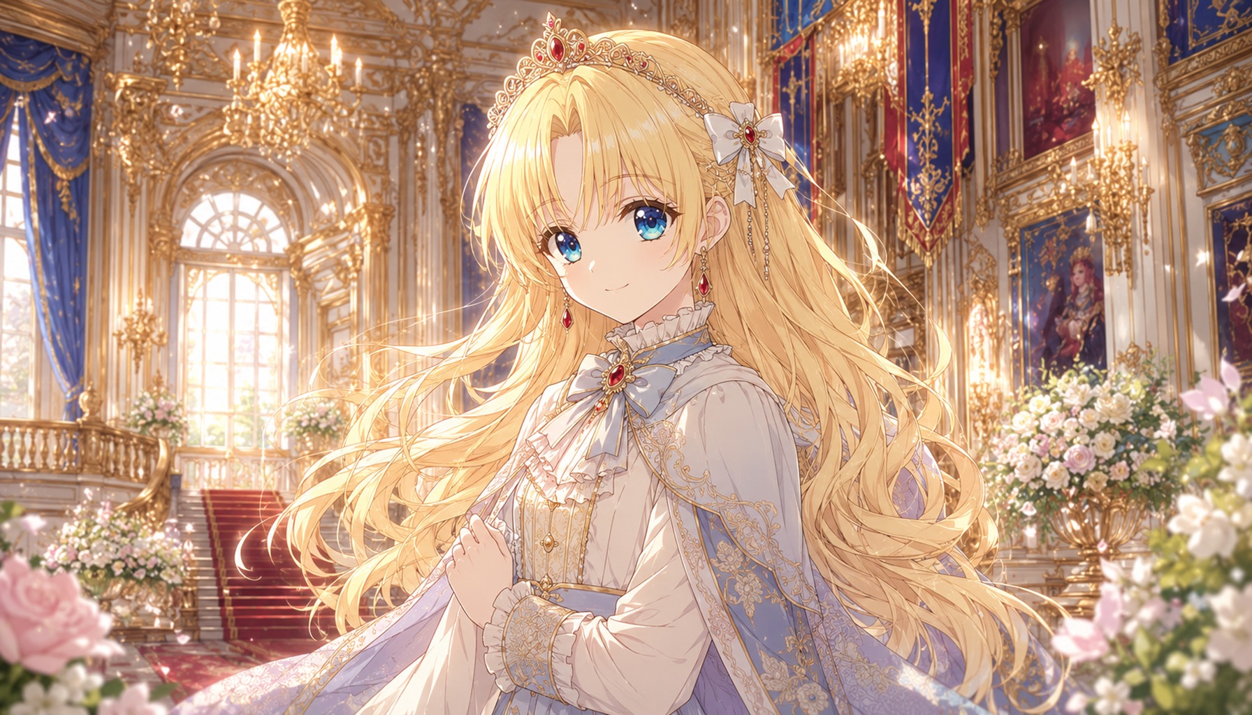『ある日、お姫様になってしまった件について』の王宮と金髪の皇女をイメージしたアニメ風イラスト