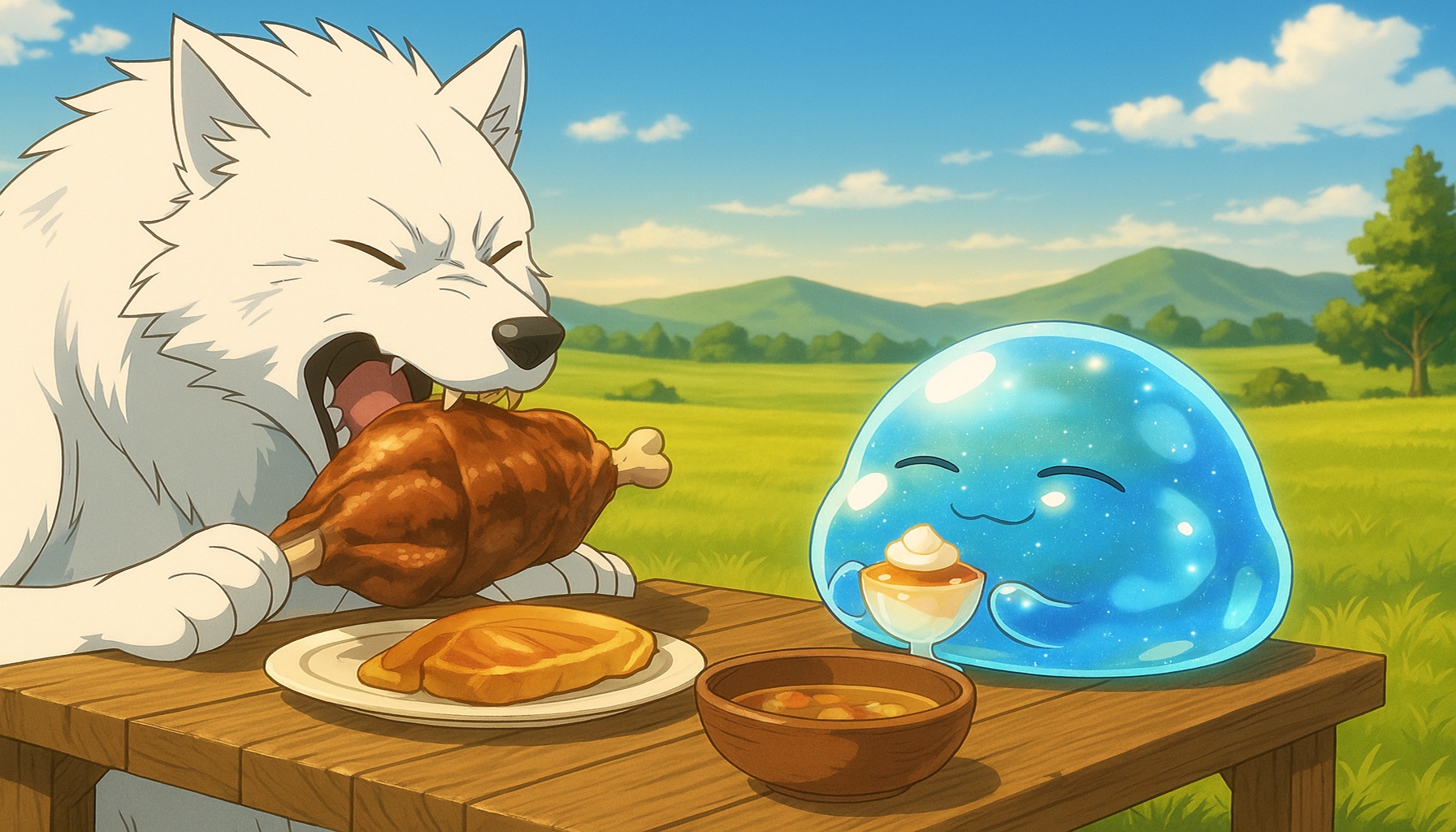 「草原で白い大きな狼と青い透明スライムが料理を楽しむアニメ風イラスト」