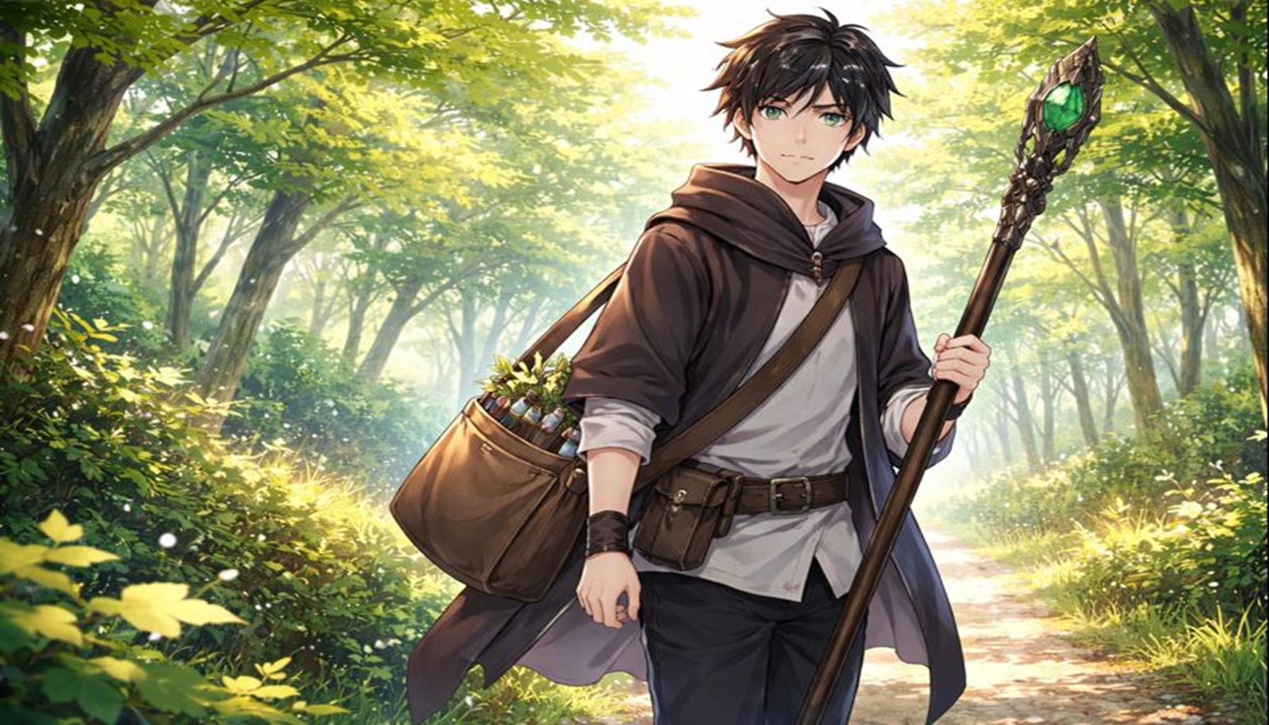 森の中を旅する素材採取家の青年。斜め掛けバッグと大きな杖を手に、穏やかな表情で歩く。