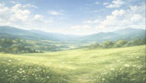 緑豊かな野原と遠くに連なる山々が広がる、穏やかな異世界の風景
