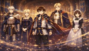 王宮の大広間に集う主要キャラクターたち。騎士や貴族令嬢、王族の姿が並ぶ
