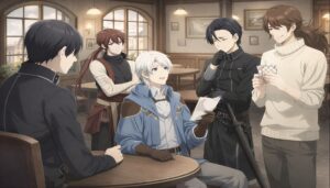 ヨーロッパ風カフェで談笑する男性キャラクターたち。穏やかな雰囲気の中で性格の違いが伝わる場面。
