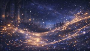 星空の下で音楽の光が静かに流れる幻想的な王宮の夜景
