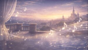 夕暮れのテラスとヨーロッパ風の街並みに、音楽の余韻を思わせる光のラインが広がる情景
