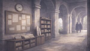 石造りの王宮回廊に柔らかな光が差し込む静かな空間。掲示板や書類棚が並ぶ管理的な雰囲気の異世界アニメ風背景
