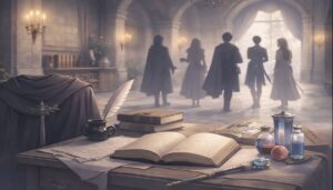 王宮の机に広げられた書類と魔導具。奥の回廊に人物のシルエットが並ぶ、異世界ファンタジーの静かな情景
