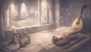 昼下がりの王宮の一室に、楽譜と弦楽器が静かに置かれ、音楽の余韻が漂う情景


