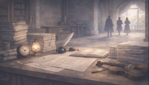 王宮の執務室に並ぶ書類と台本、羽ペンやランプが置かれた静かな作業机の情景
