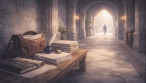 王宮の回廊に置かれた帳簿や書類と鞄。異世界で始まる仕事と人生の転換点を示す情景
