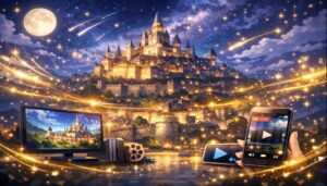 夜空に輝くファンタジーの城塞都市と、テレビやスマートフォンでアニメ放送・配信を表現したビジュアル

