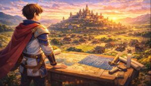 朝焼けの中、地図と設計図を前に若き領主が村と城塞都市を見渡す成長と創造の情景
