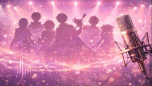 ピンクとラベンダーの光の中、キャラクターのシルエットとマイク、音波エフェクトが並ぶ声優紹介イメージ
